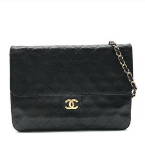 Authentic CHANEL black lambskin single flap classic 24k gold hardware bag